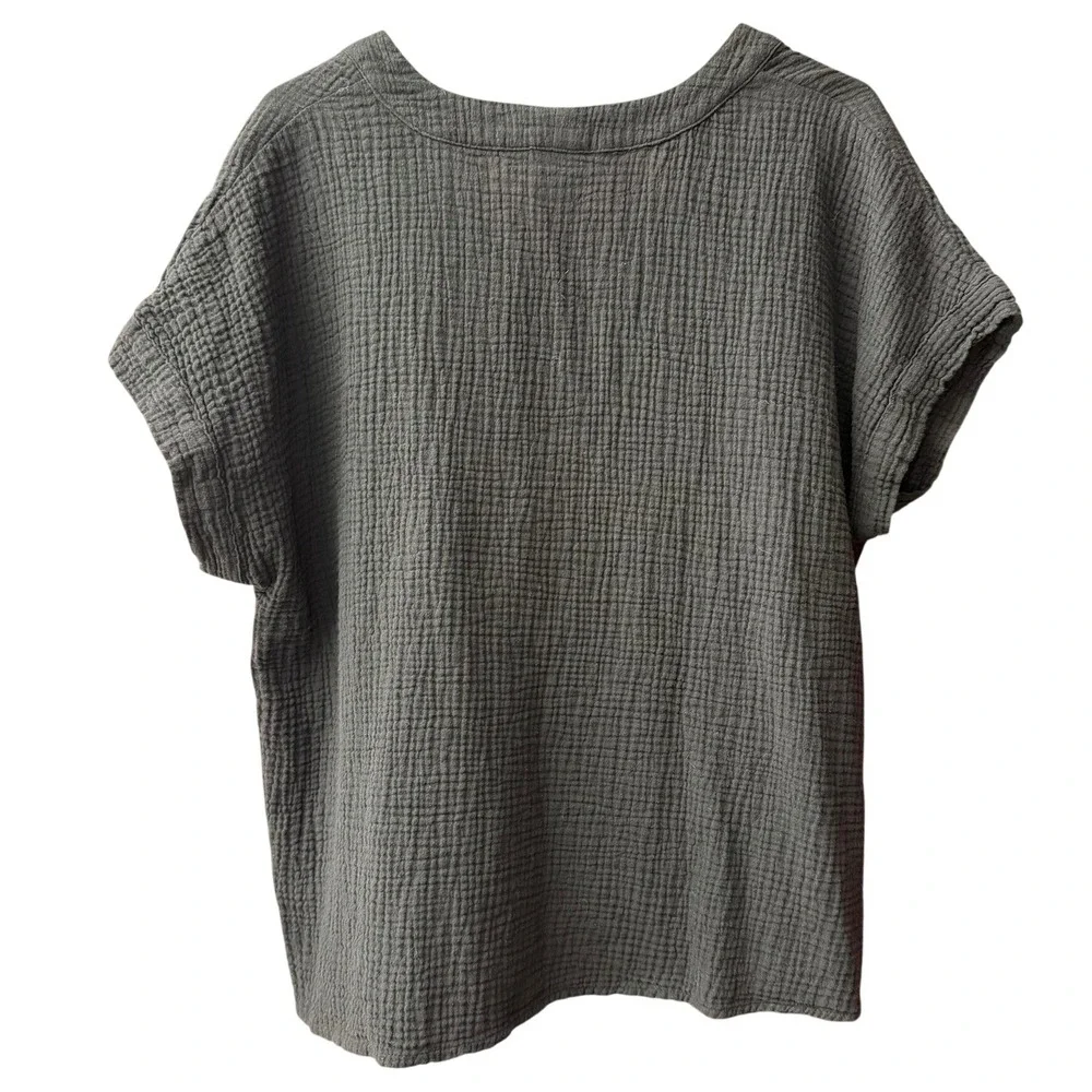Gap V-Neck Top Women XL Black Crinkle Gauze Cotton Short Sleeve Relaxed Fit